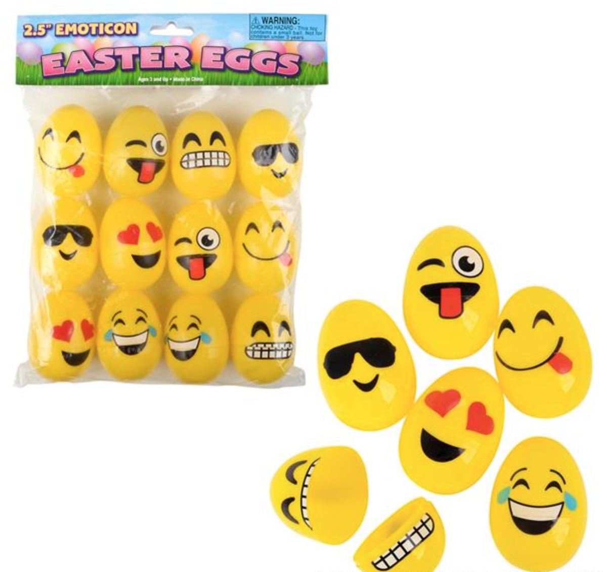 Two-and-a-half-inch plastic Easter egg with an emoticon face pattern