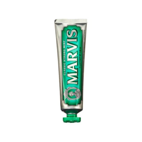 Marvis Classic Strong Mint toothpaste tube with a white body, green cap, and mint leaf design.
