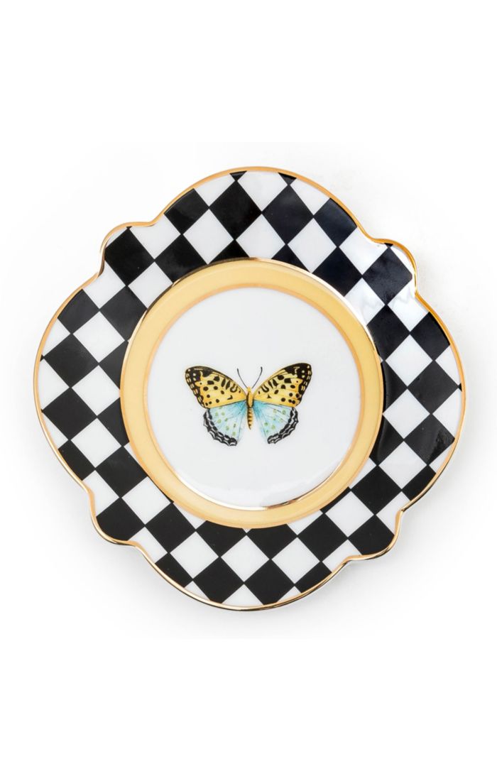 Ceramic bread plate with butterfly toile print in soft pastel tones.