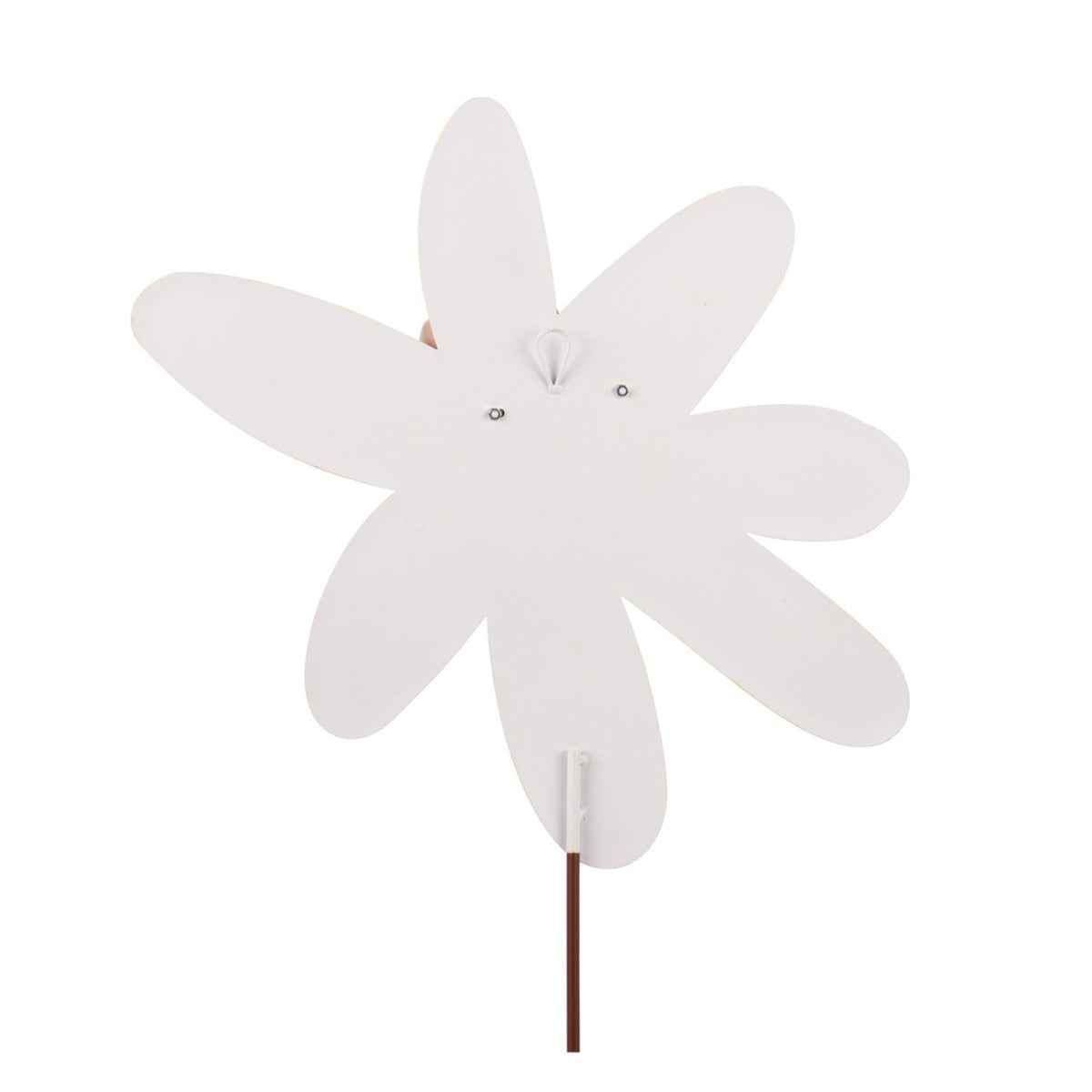White metal flower stake with a brown stem, designed for garden display.