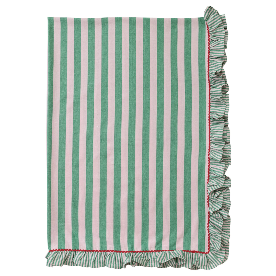 Woven Cotton Striped Tablecloth With Ruffle & Ric Rac Trim, Green, Pink & Red