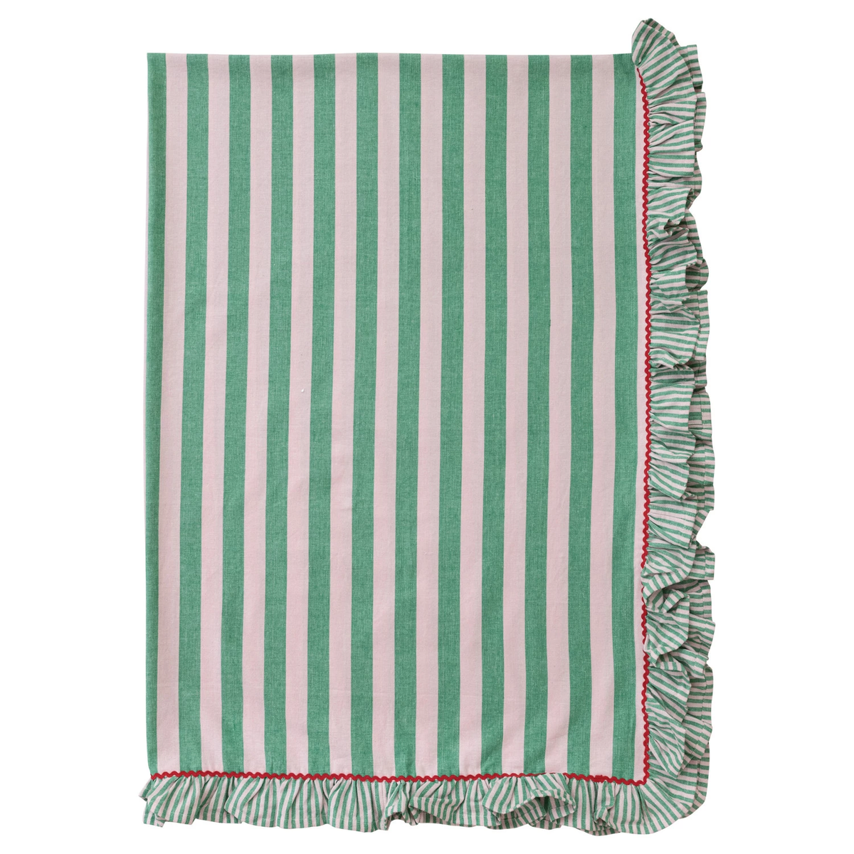 Green woven cotton striped tablecloth with pink ruffle trim