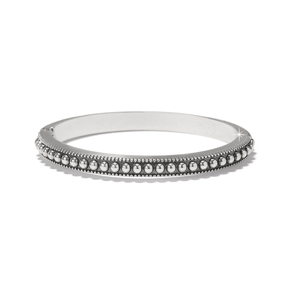 Silver-plated hinged bangle featuring fine quality amethyst crystal stones with a polished finish.