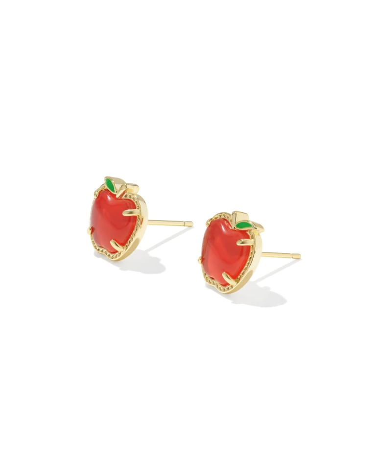 Pair of apple-shaped stud earrings in red enamel and 14k yellow gold over brass.