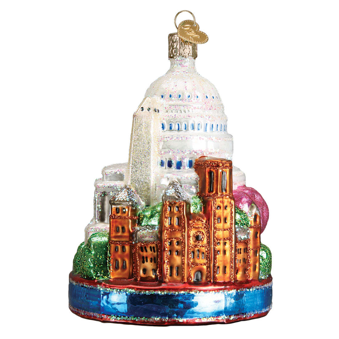 Red ceramic Washington D.C. ornament shaped like the White House with gold accents.
