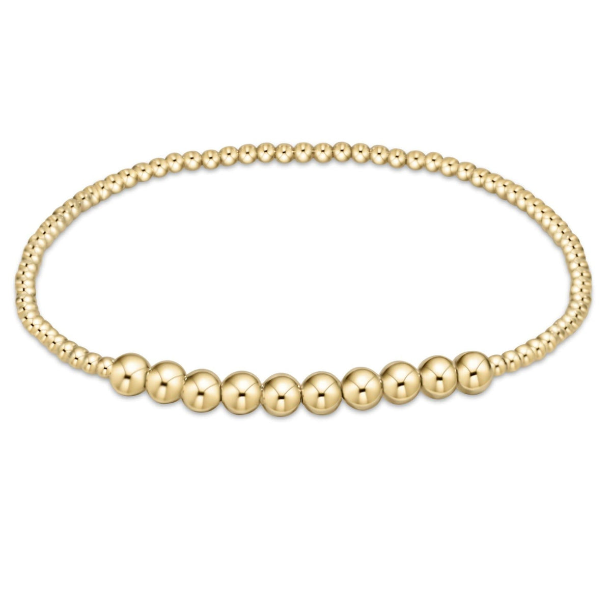 Gold beaded bracelet featuring 2mm beads with a center row of ten 4mm gold-filled beads.