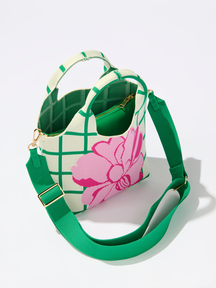 Robbie Mini Tote in playful patterned polyester knit with gold hardware, double handles and detachable strap.