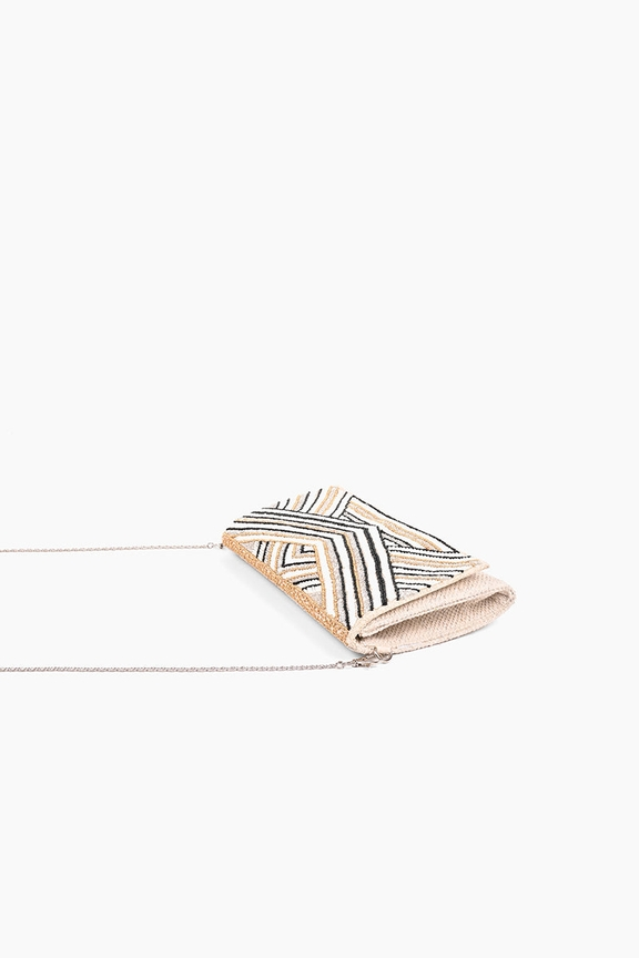 Golden Glam Hand Beaded Clutch with a geometric pattern and silver chain strap on a white background