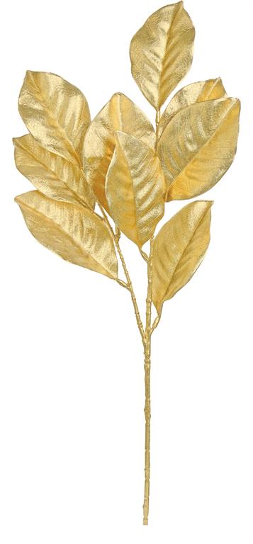 A 25-inch decorative magnolia leaf spray finished in a metallic gold color.
