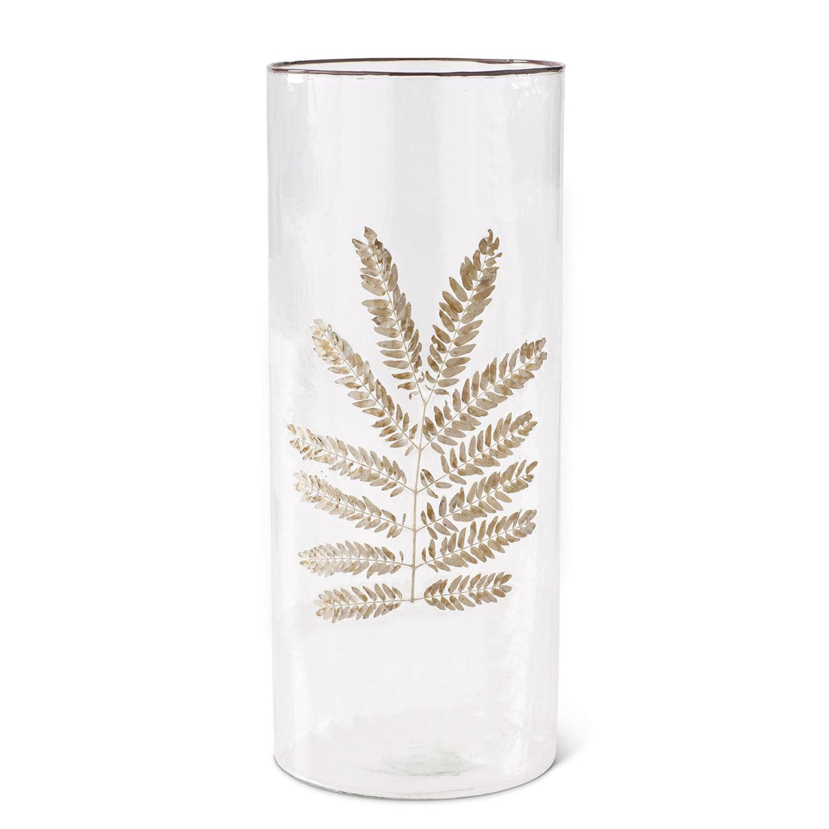 Clear textured glass cylinder vase featuring a brown dried leaf applique design.