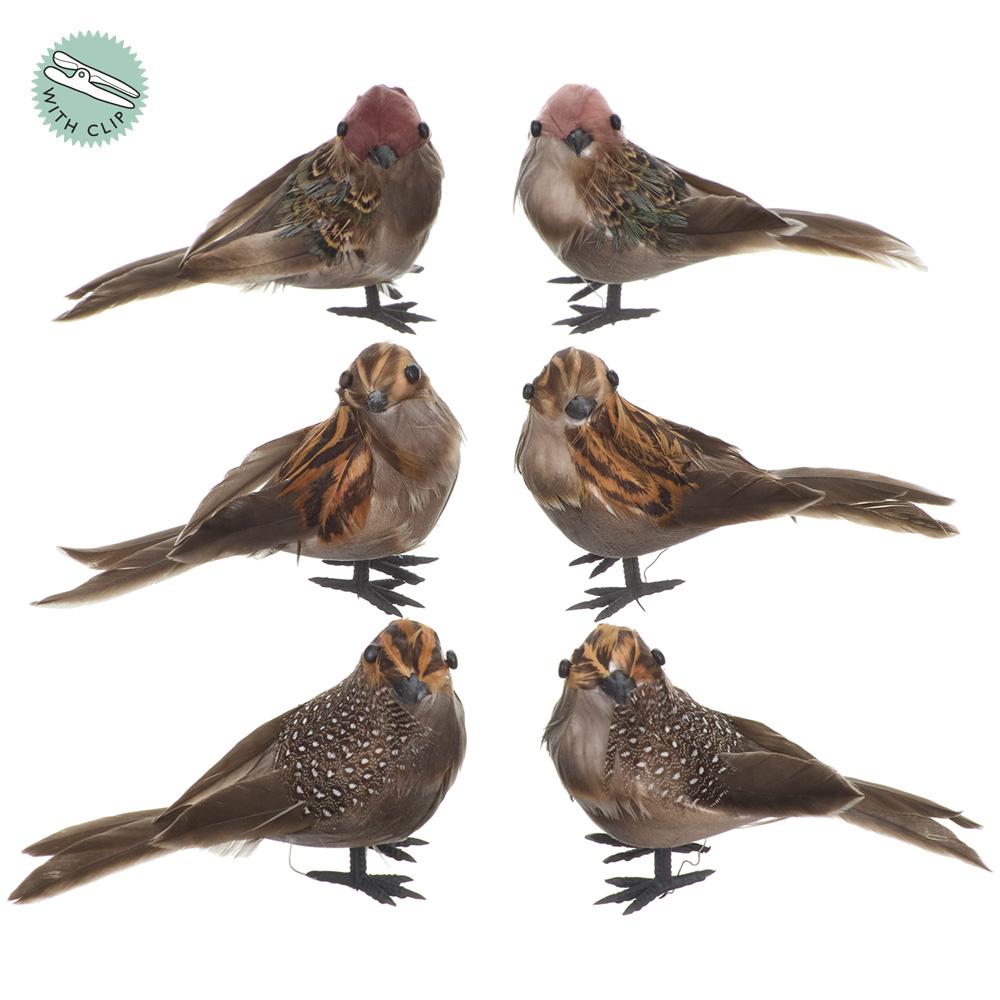 Set of 6 brown bird ornaments with feathers and clips for Christmas tree and wreath decoration.