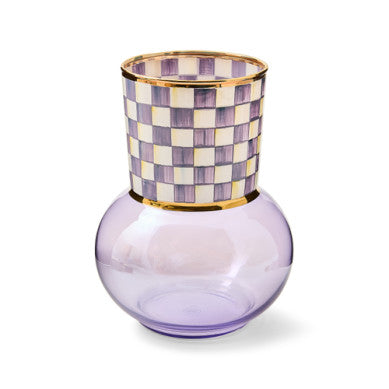 Hand-painted glass check vase with a geometric square pattern in neutral tones.