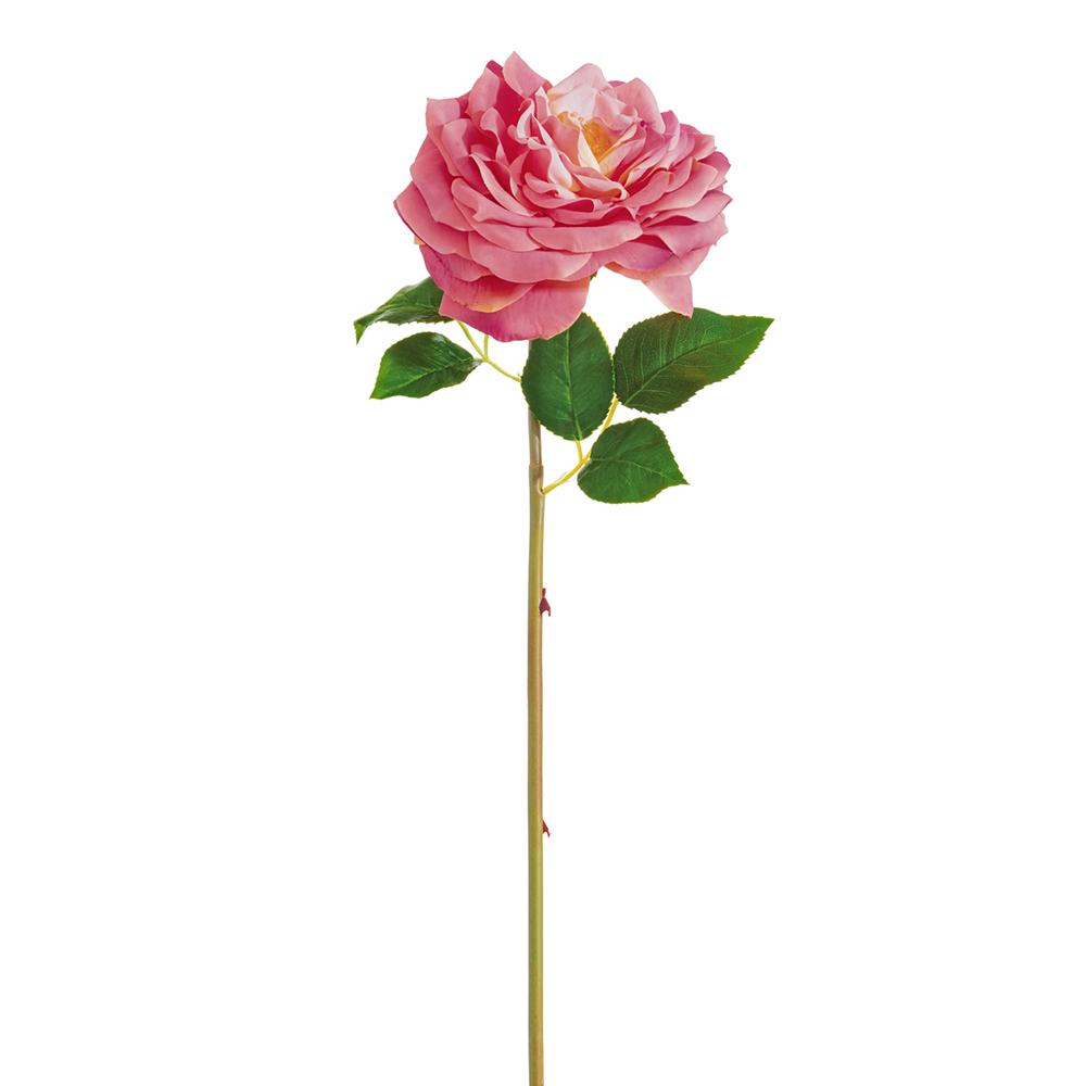 Artificial open cabbage rose spray with polyester petals in a natural green wire frame.