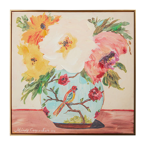 Framed wall art featuring a multicolor bird perched on a vase silhouette against a canvas background.