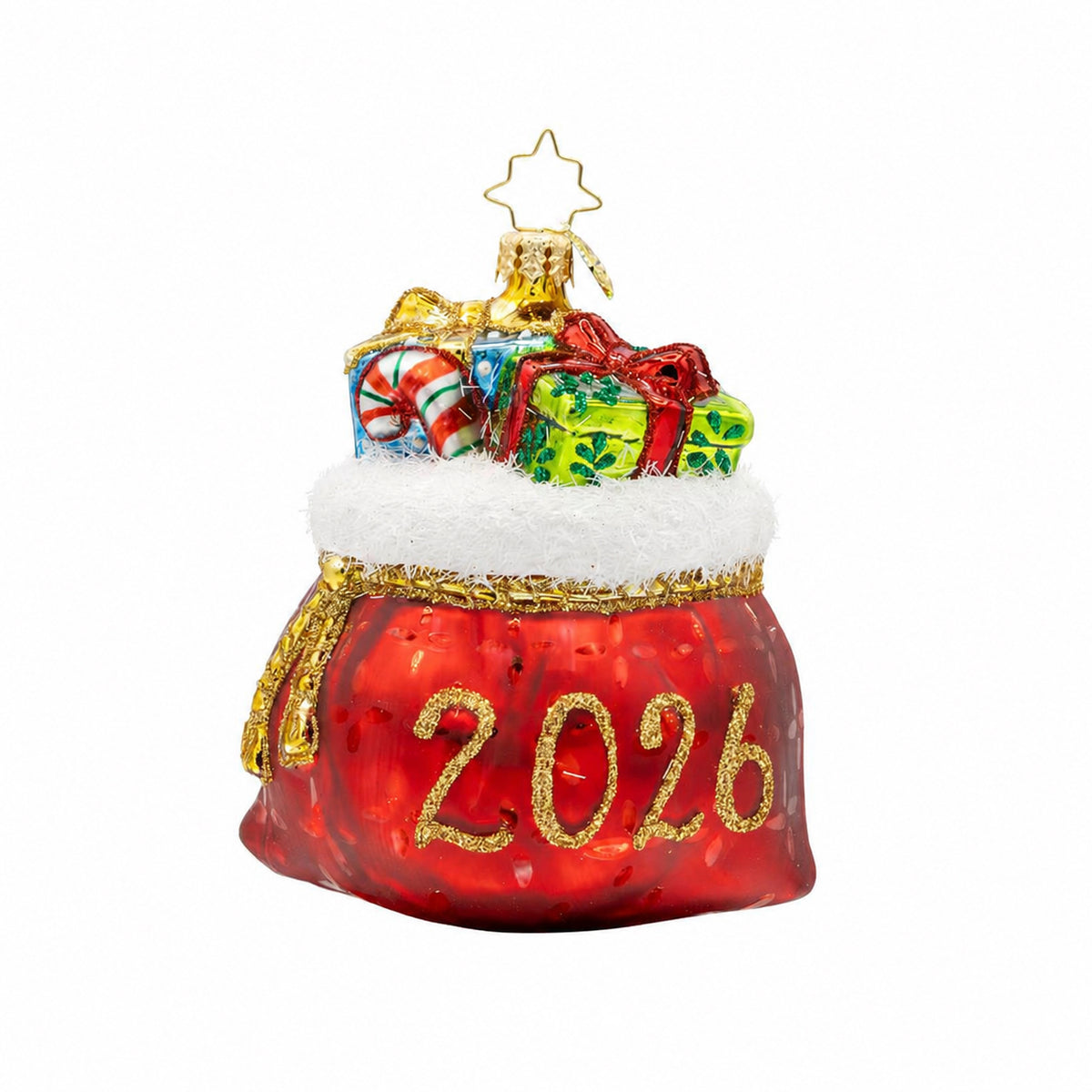 Red glass Christmas ornament shaped like a gift bag with '2026' in gold glitter and presents inside.
