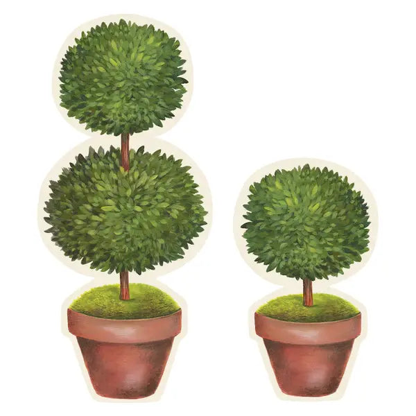 Die-cut topiary pair placemat featuring six large green tree silhouettes and six small ones in a garden pattern.