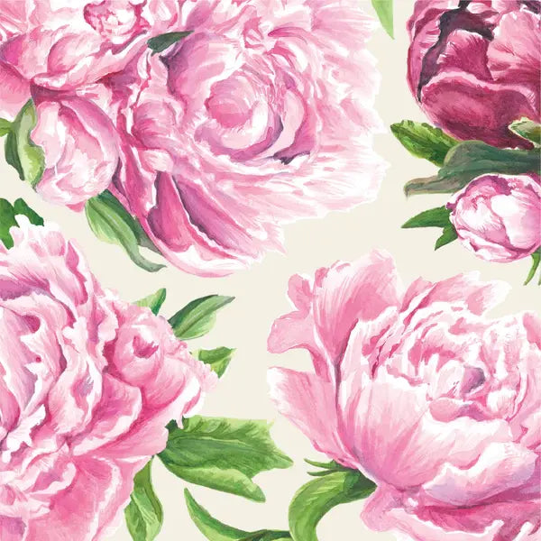 Folded white cocktail napkin with a pink peony flower pattern.