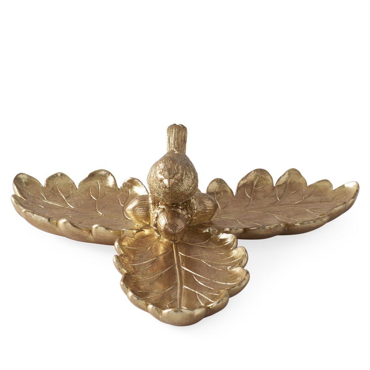 8.75 inch gold resin tray featuring three oak leaves and a small bird perched in the center.