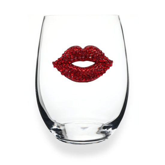 Handcrafted stemless wine glass with jeweled embellishments around the rim in clear crystal.