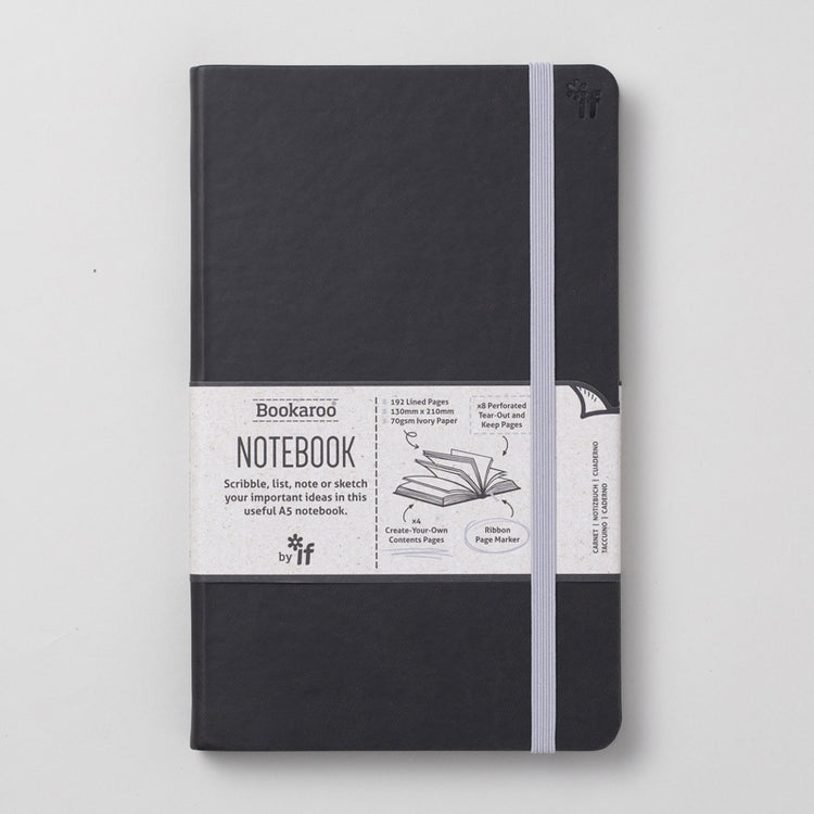 Hardback A5 journal with soft PU cover featuring lined pages, a ribbon bookmark, and elastic strap.