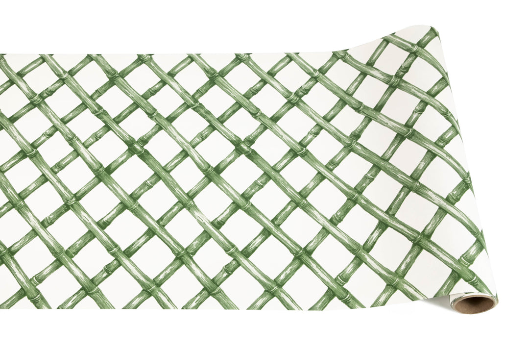 Green lattice-patterned runner tablecloth with classic blue china-inspired design