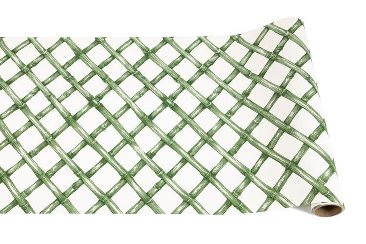Green lattice-patterned runner tablecloth with classic blue china-inspired design