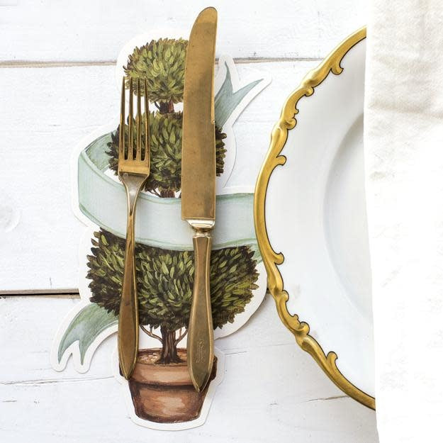 Set of twelve heavy-weight FSC certified paper topiary table accents in natural beige with green leaf details.