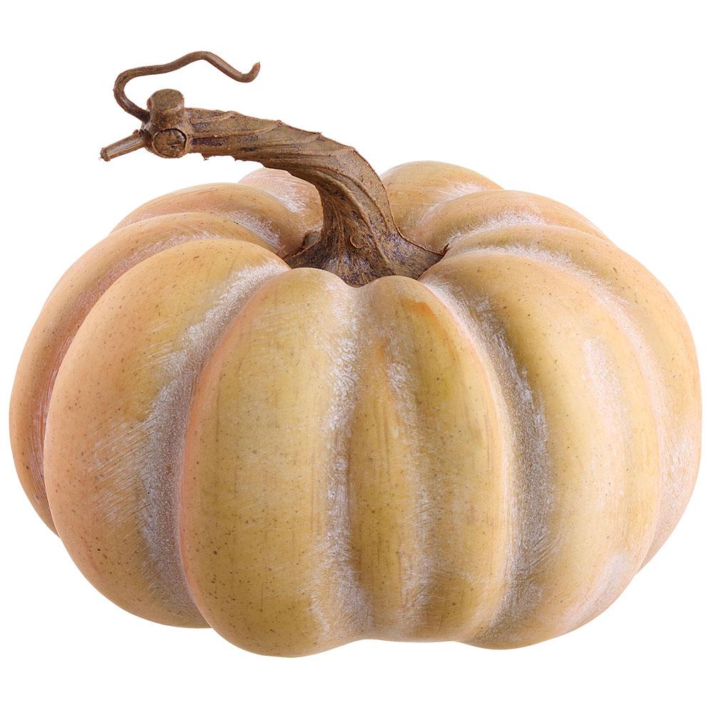 5.5-inch orange and green decorative pumpkin with a realistic brown stem on a white background.