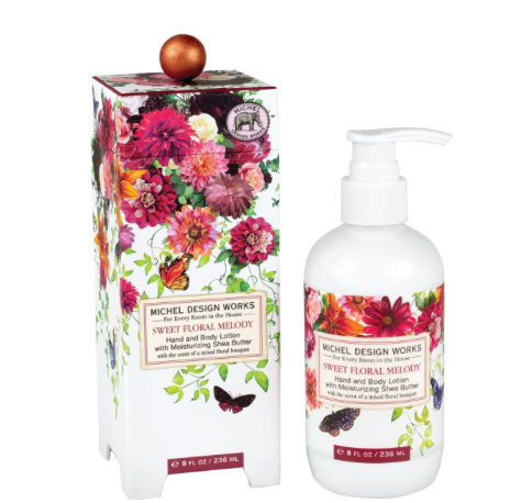 8 fl oz hand and body lotion bottle with aromatic peony scent