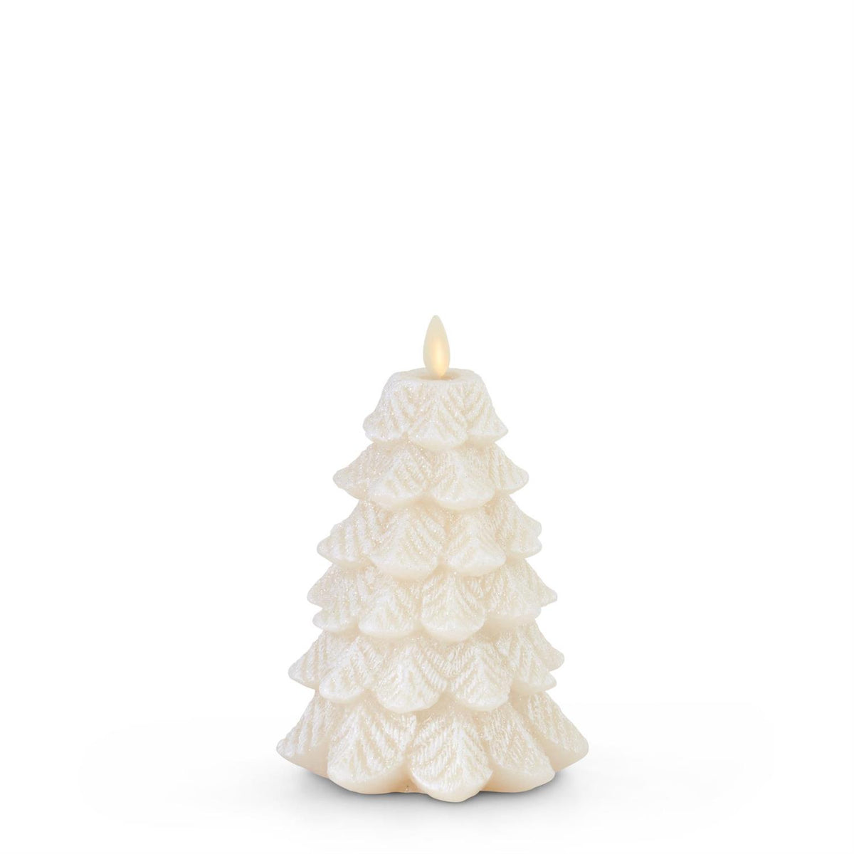 6.5-inch Snowy Tree Luminara indoor candle with realistic flickering flame effect and wintry design.