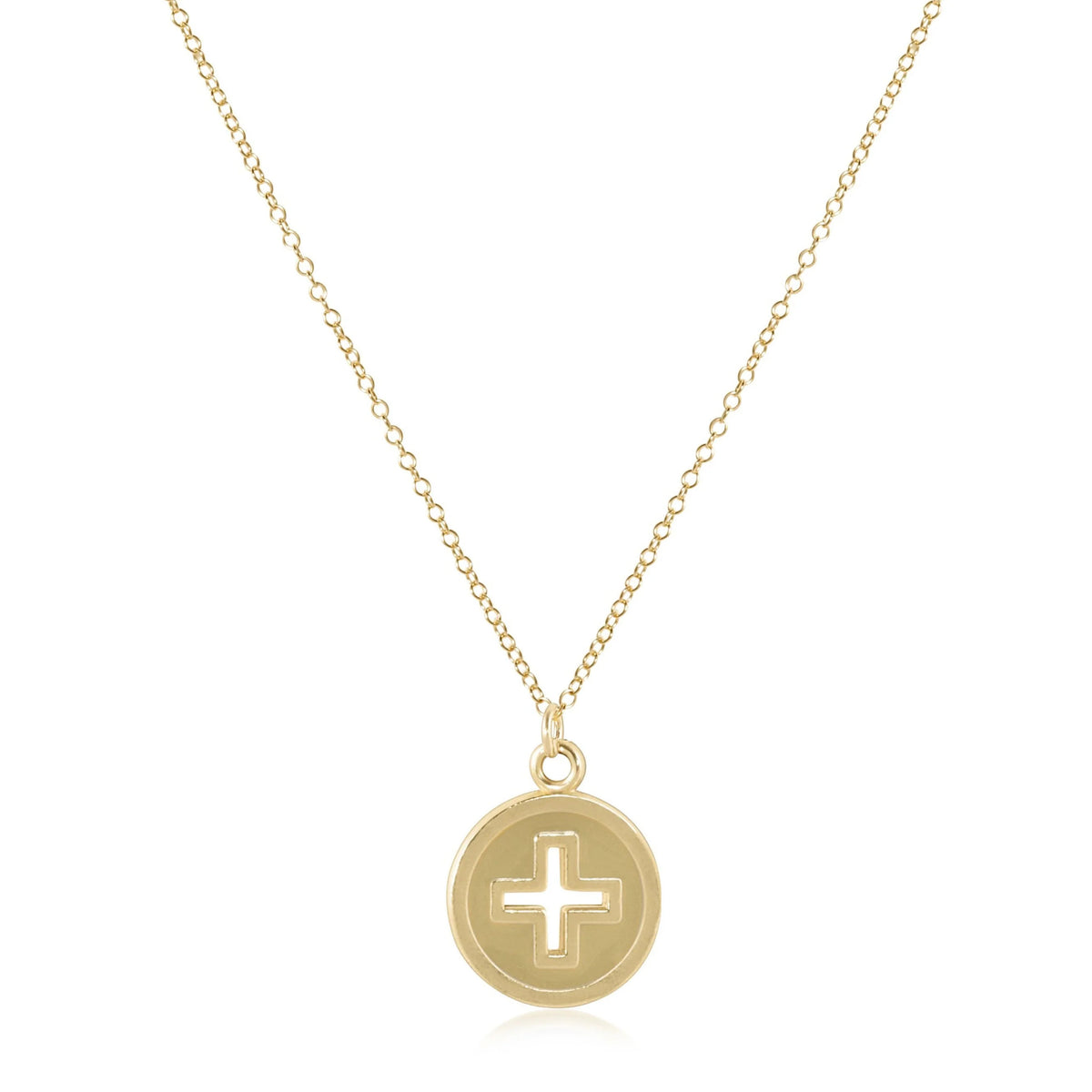 Gold-filled 16-inch chain featuring a 10mm signature cross gold disc pendant.