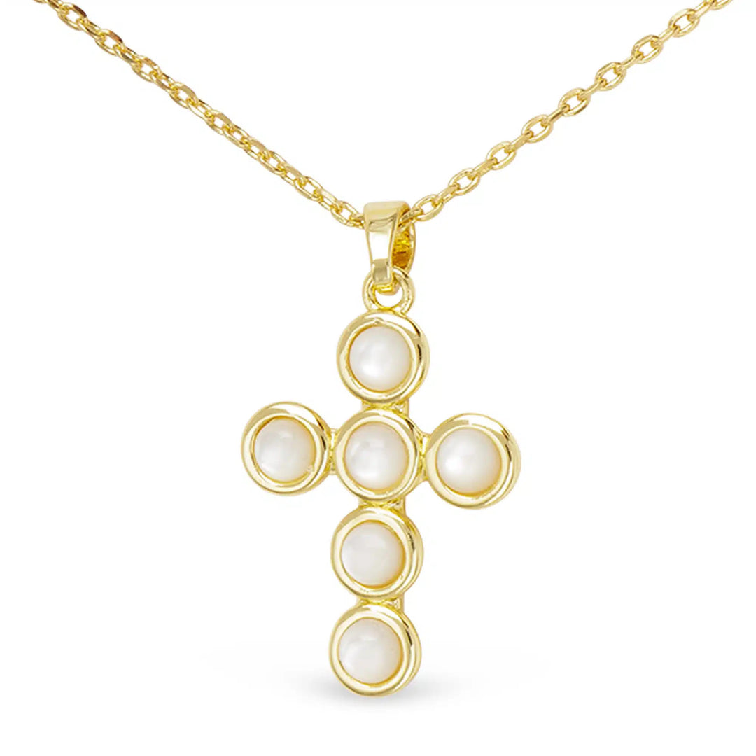 Gold cross necklace featuring six circular mother of pearl inlays on a delicate chain.