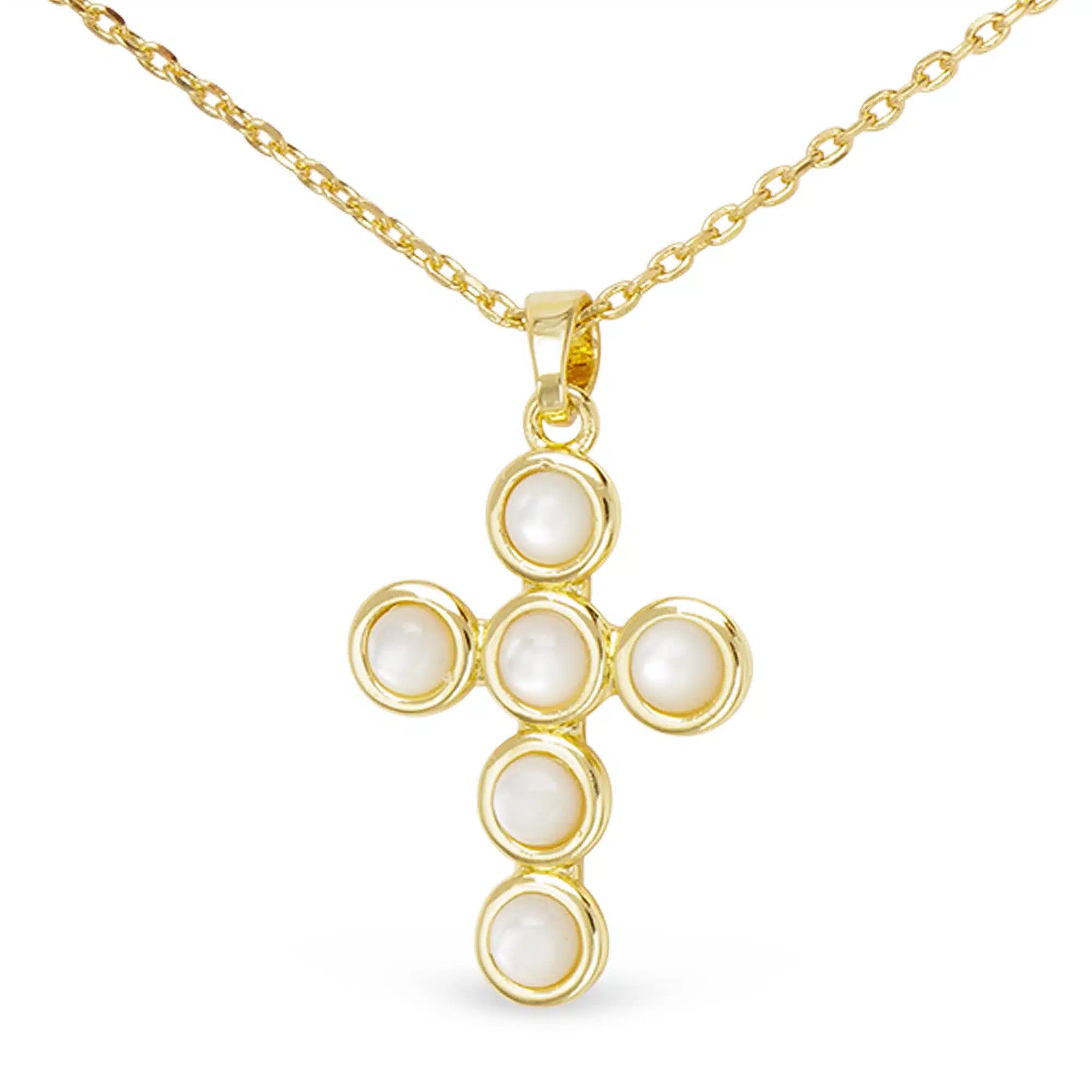 Gold cross necklace featuring six circular mother of pearl inlays on a delicate chain.