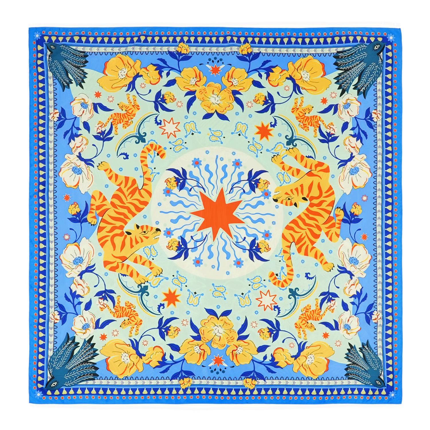 Mini square scarf with blue border, orange tigers, yellow flowers, and a central star design.