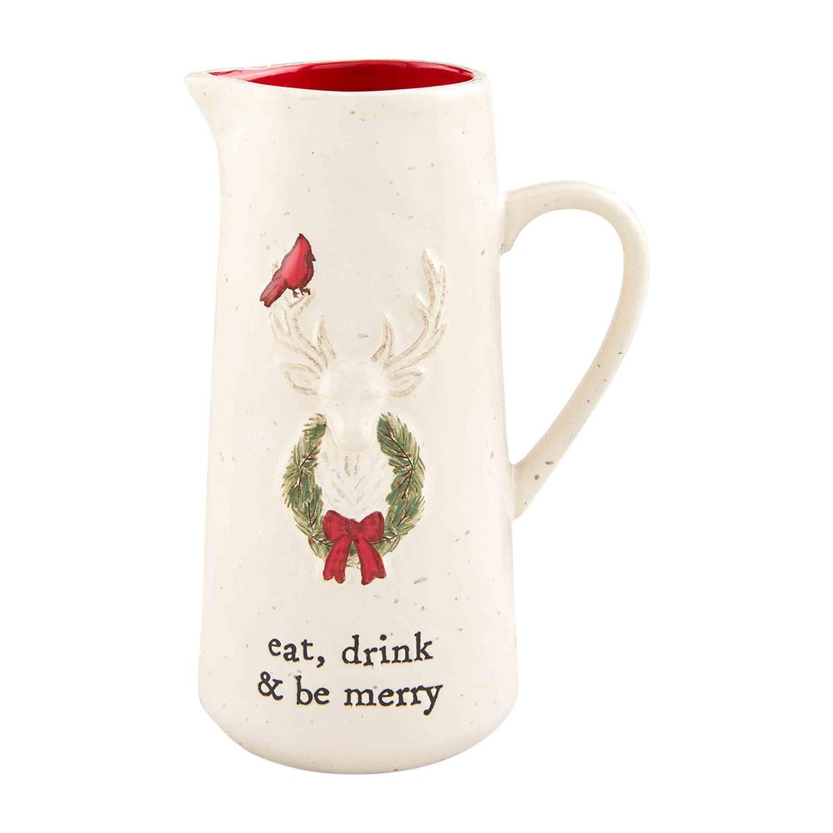 42 oz stoneware deer-shaped pitcher with 'Eat Drink & Be Merry' text in a festive design.