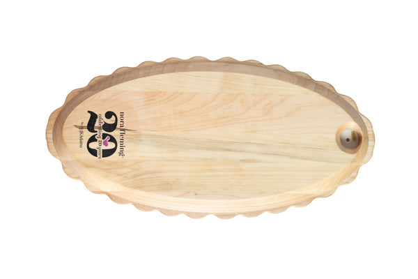 Limited Edition maple scalloped anniversary tray in warm wood tone with a decorative curved edge.