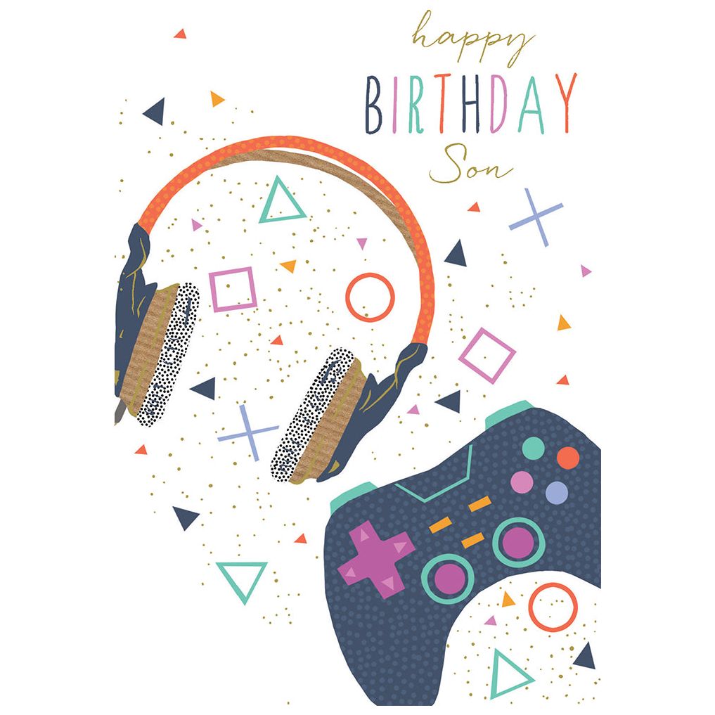 Happy Birthday Son card featuring a colorful headset and gaming controller with gold foil details.