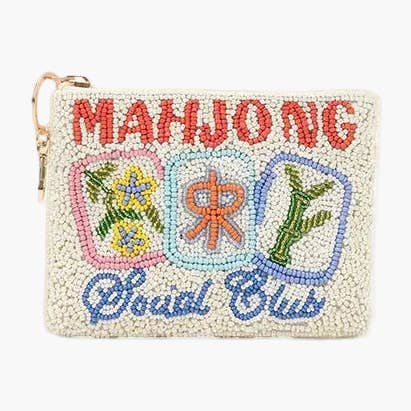 Beaded Mahjong Social Club coin pouch with colorful tile illustrations and a gold-tone key ring.