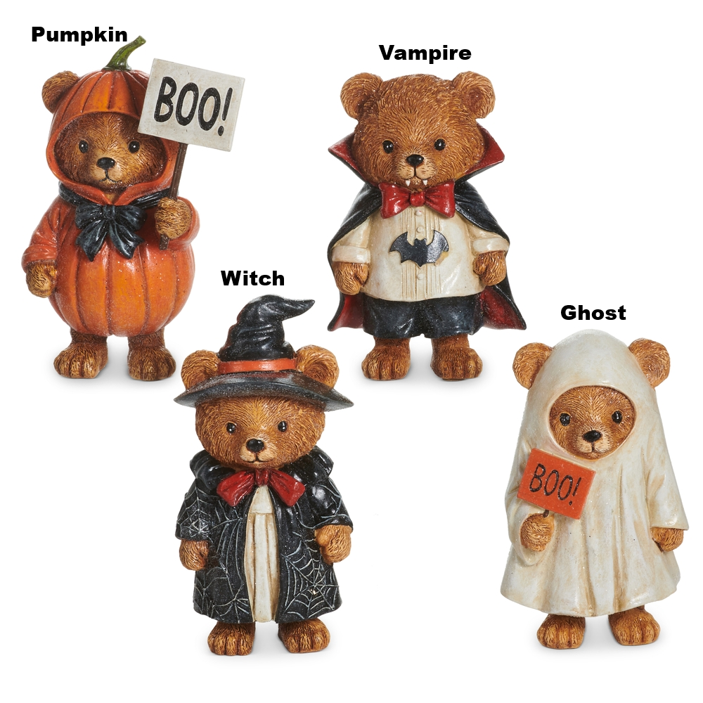 Four resin teddy bear figurines in pumpkin, vampire, witch, and ghost Halloween costumes.