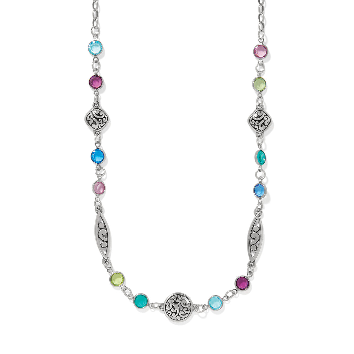 Silver-plated necklace with colorful round crystals and ornate silver filigree charms.