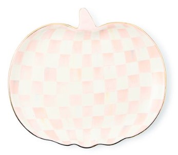 Rosy Check Pumpkin Ceramic Dessert Plate with a pink and white checkered pattern and gold rim.