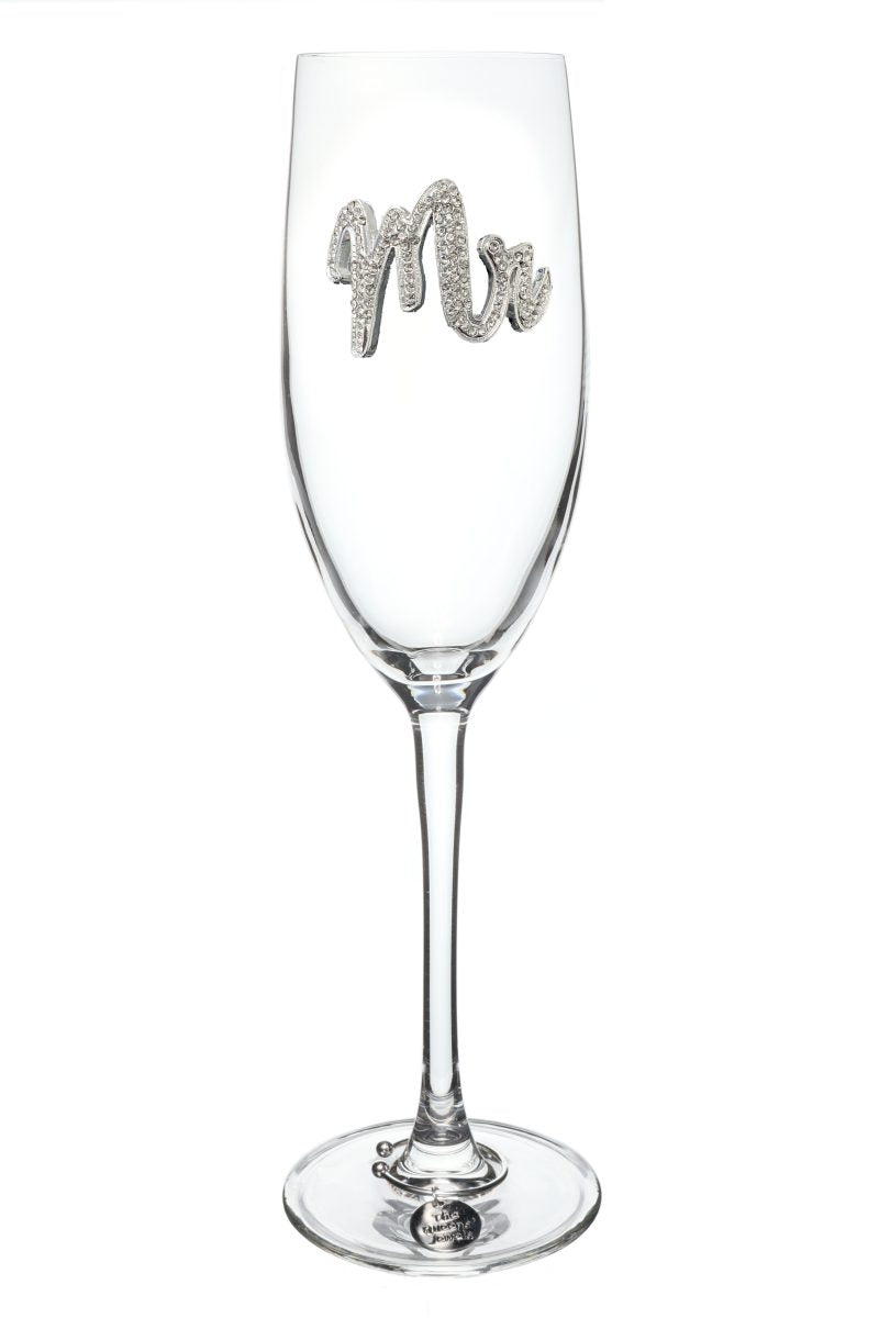 Mr Jeweled Stemmed Flute with a rhinestone-encrusted Mr emblem on the glass bowl.