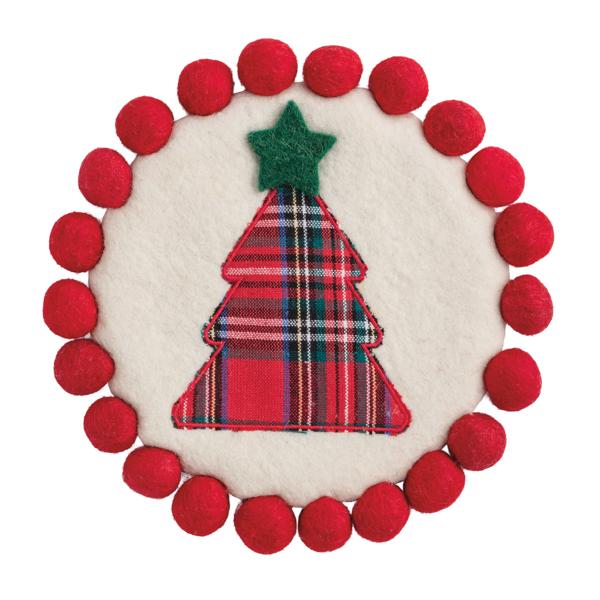 Round classic Christmas felted wool trivet with pom trim appliqué