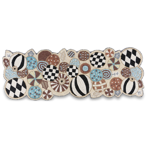 Natural Noel Jolly Ornaments Table Runner with beaded patterns of festive ornaments.