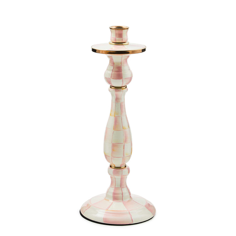 Hand-painted Rosy Check candlestick with pink and white checks and brass accents.
