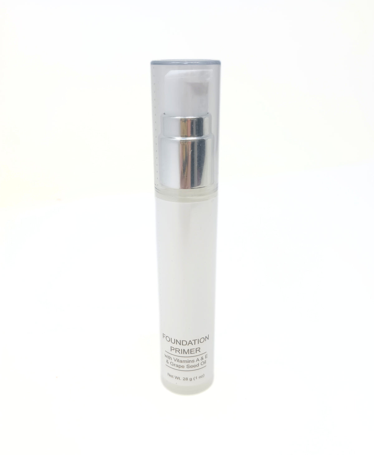 White pump bottle of foundation primer with clear cap, labeled with text.