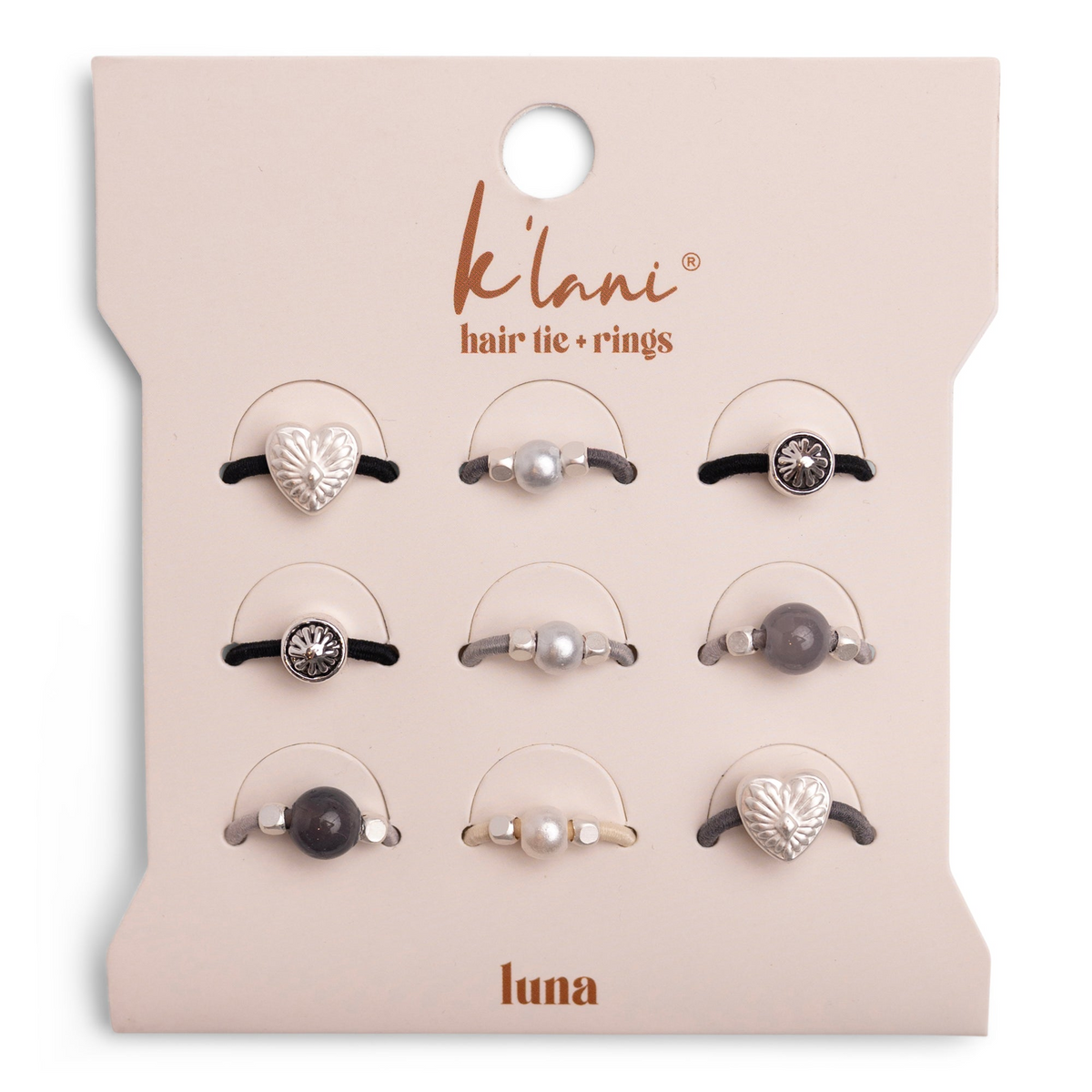 Luna set of 9 hair tie rings in black, gray, and tan with silver heart, bead, and flower charms.