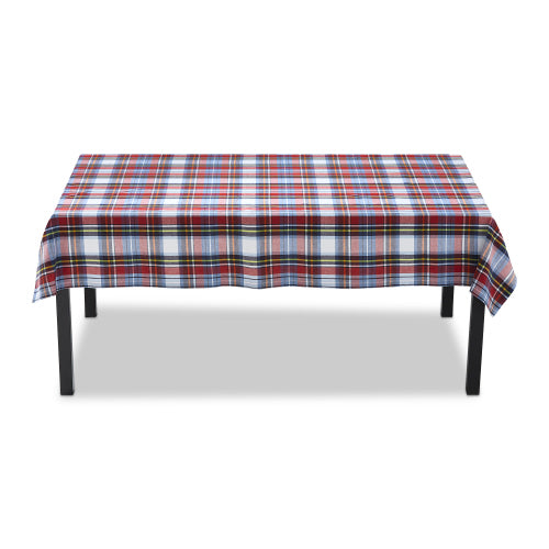 A rectangular Weekend Plaid Tablecloth with a red, white, and blue pattern on a black table.