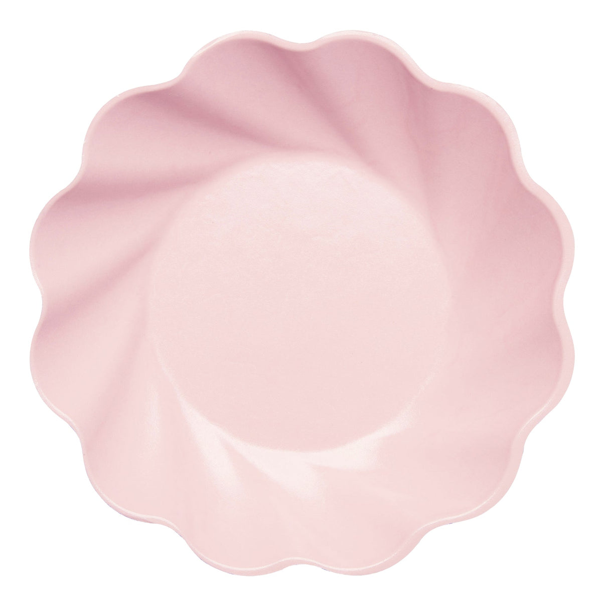 Pink eco-friendly bamboo fiber salad plate with a scalloped, swirled edge design.
