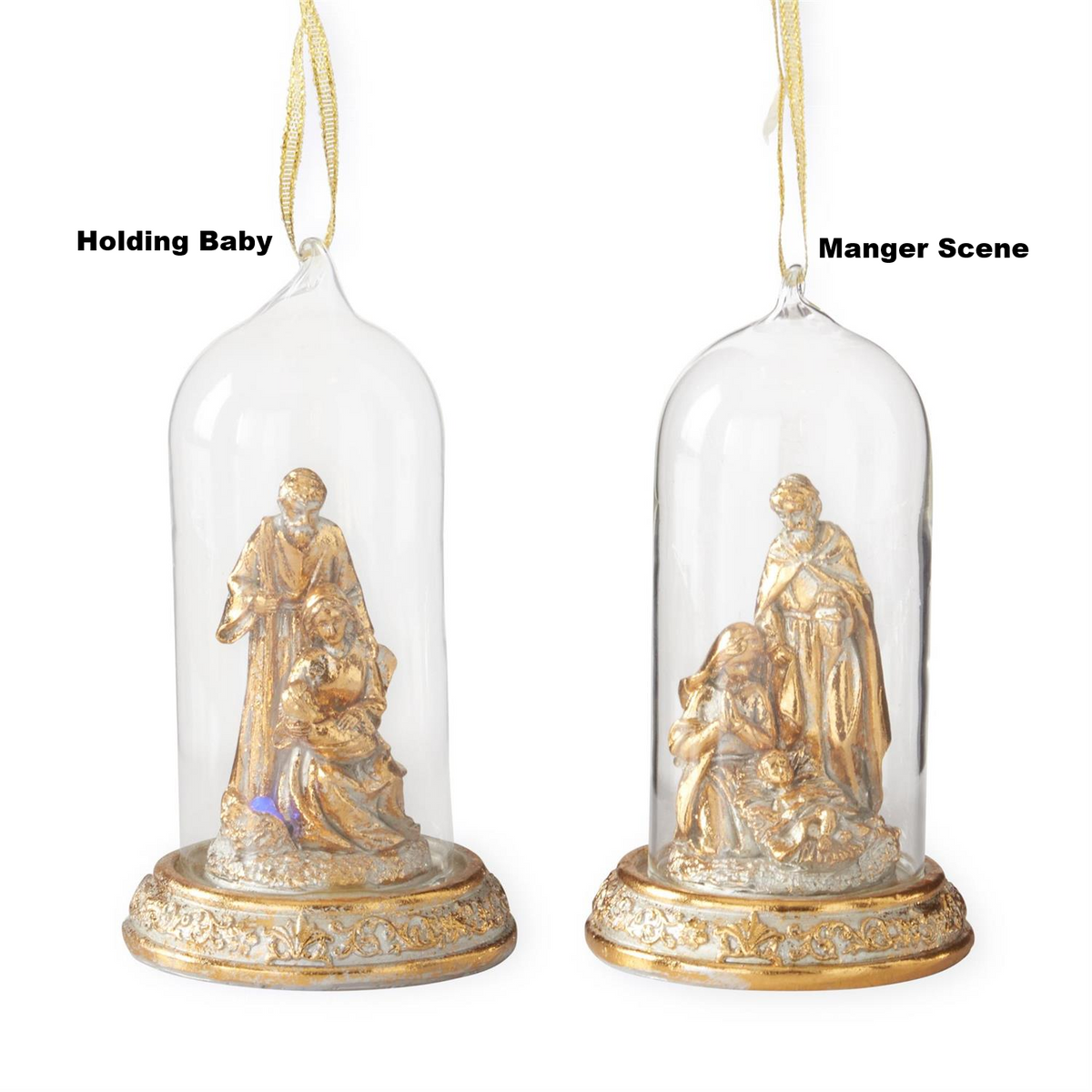 Two 5-inch LED gold nativity cloche ornaments, one holding a baby and one with a manger scene.